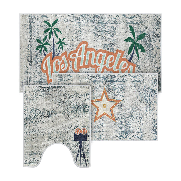 US States Los Angeles Design 3 Piece Bathroom Rugs Set | Orange
