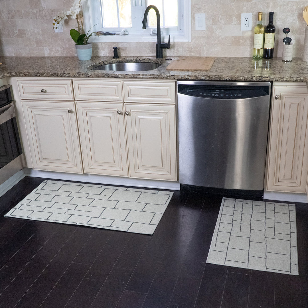 Grid Design Non Skid Washable Kitchen Runner Rugs Set of 2| 44 x 24 and 31.5 x 20 Inches Floor Mats |Ivory