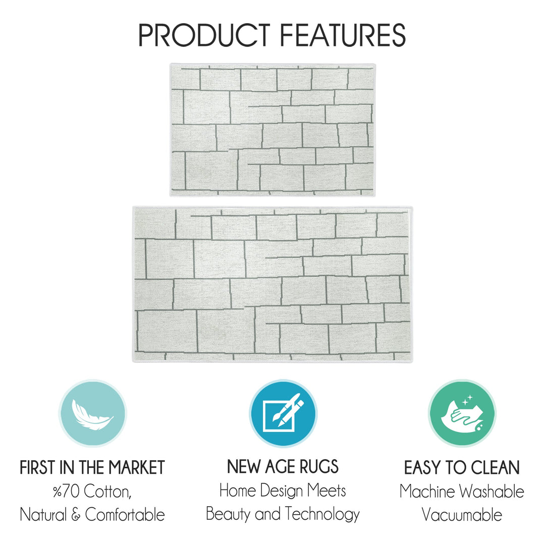 Grid Design Non Skid Washable Kitchen Runner Rugs Set of 2| 44 x 24 and 31.5 x 20 Inches Floor Mats |Ivory