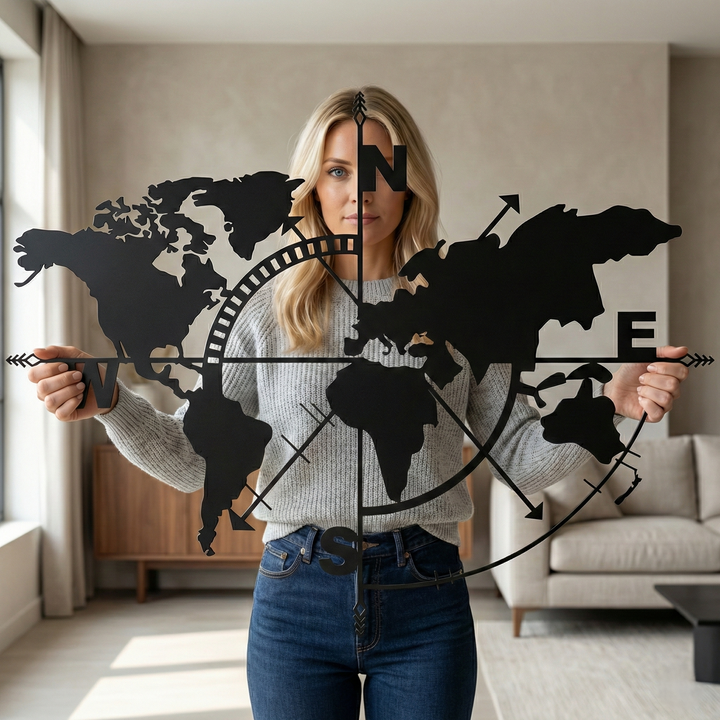 Weltkarte Kompass Metall Wandkunst