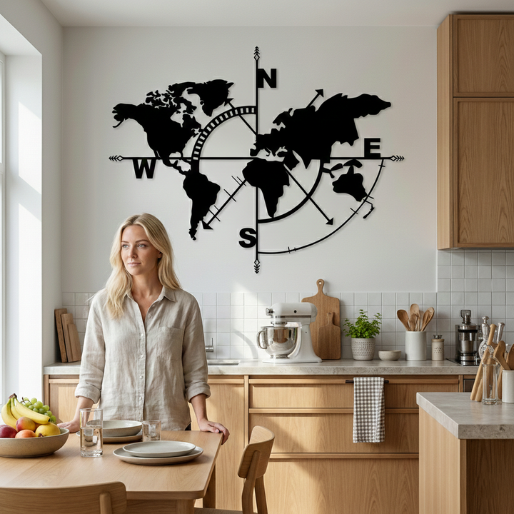 Weltkarte Kompass Metall Wandkunst
