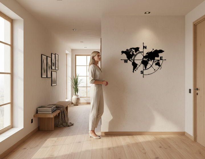 Weltkarte Kompass Metall Wandkunst