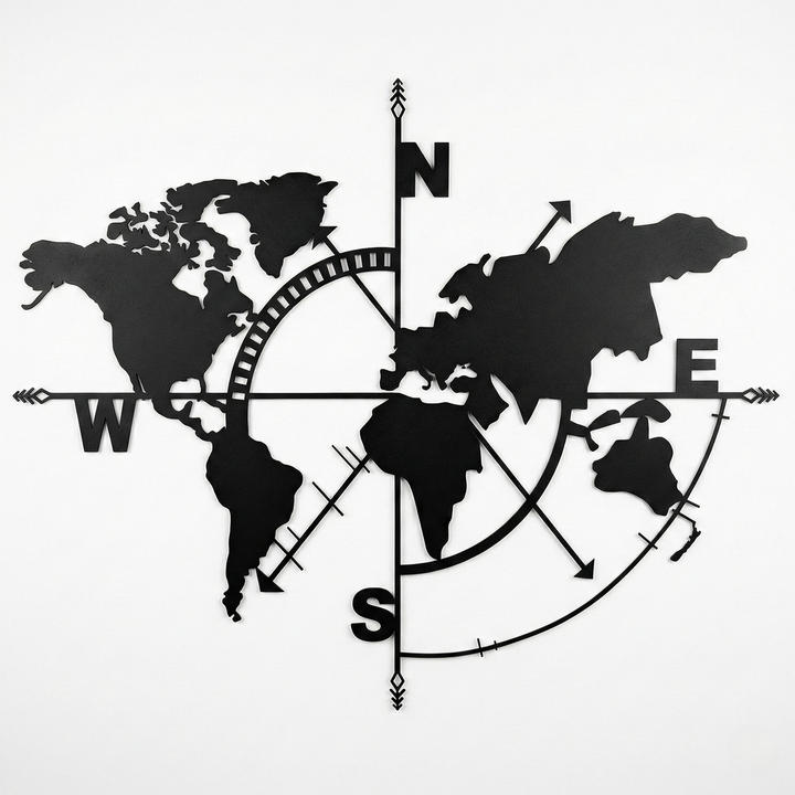Weltkarte Kompass Metall Wandkunst