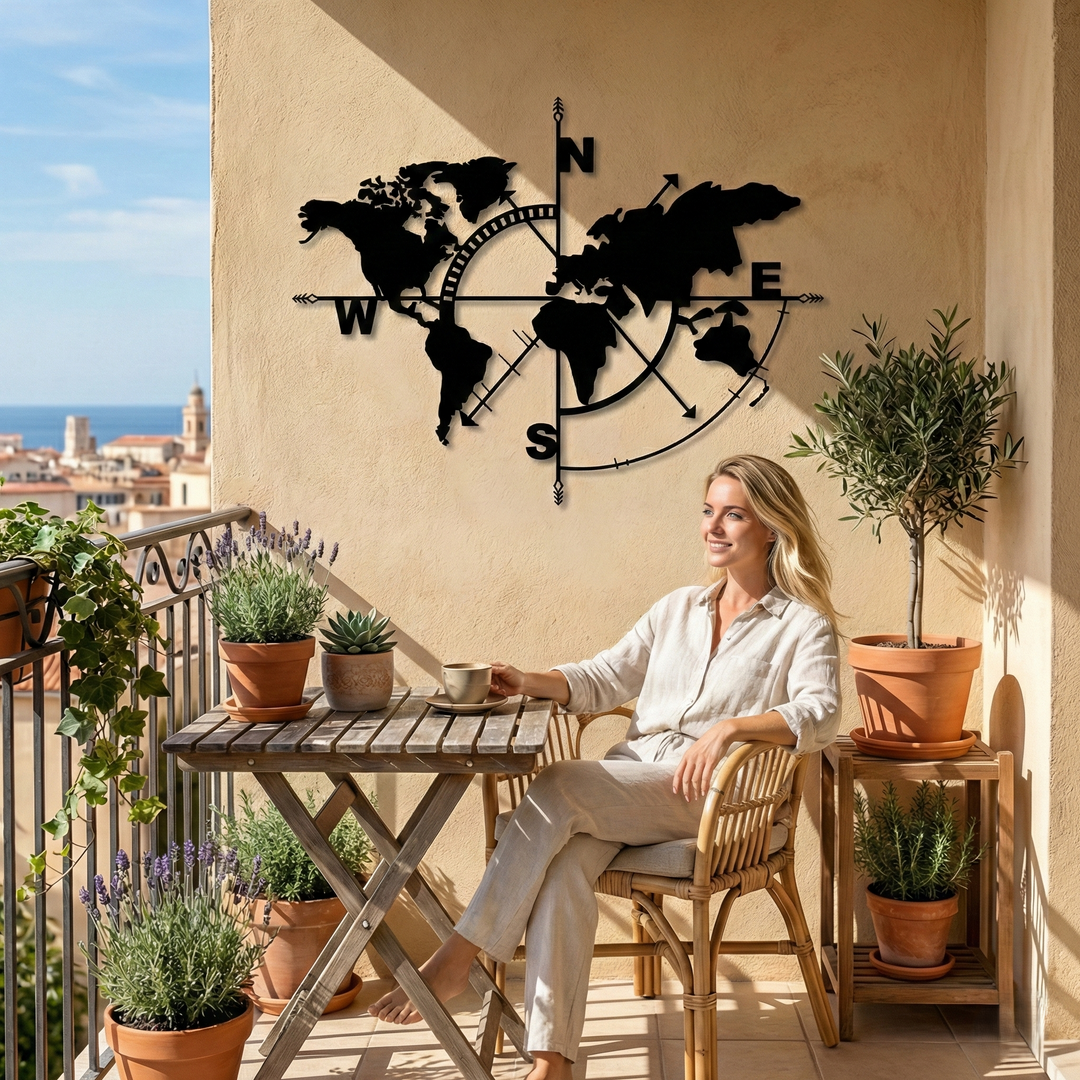 Weltkarte Kompass Metall Wandkunst