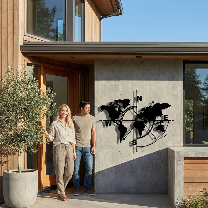 Weltkarte Kompass Metall Wandkunst