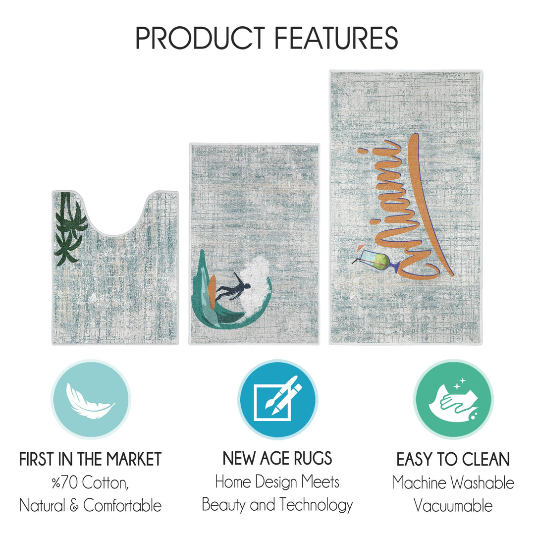 US States Miami Design 3 Piece Bathroom Rugs Set | Gold