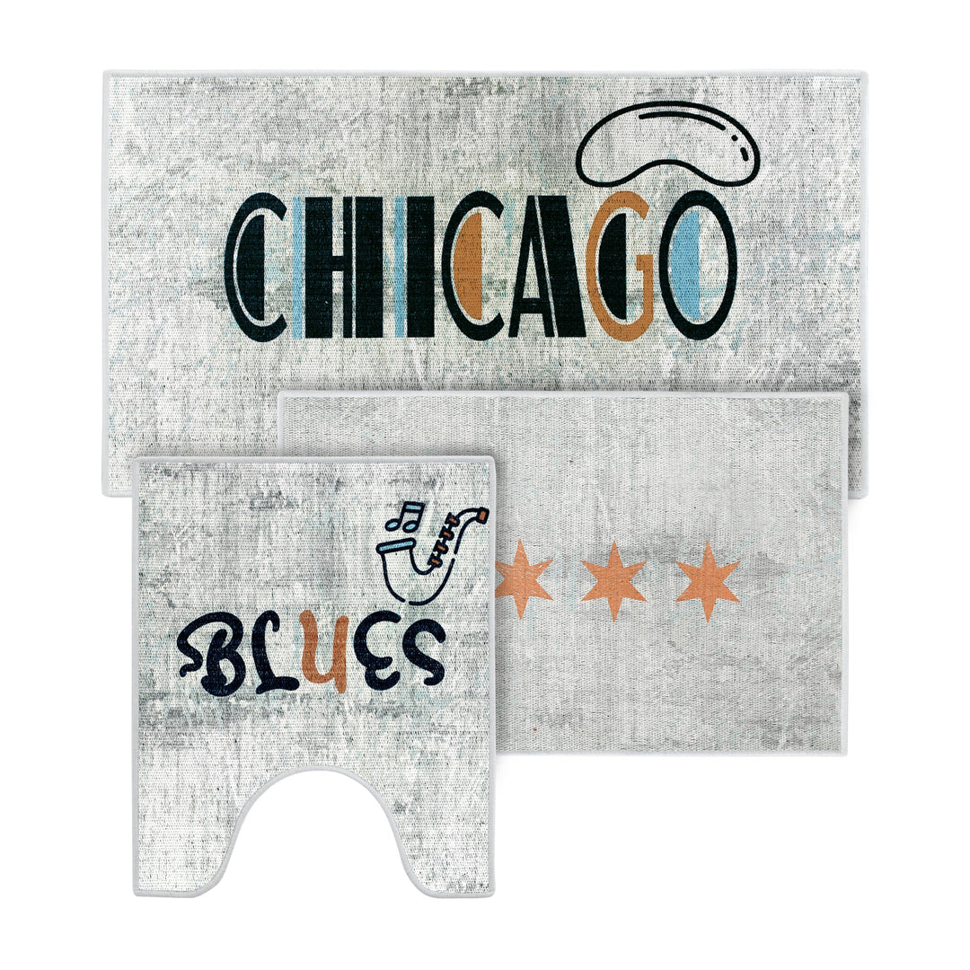 US States Chicago Design 3 Piece Bathroom Rugs Set |Ivory