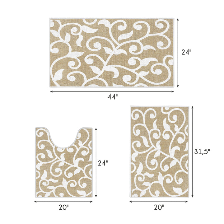 Floral Design 3 Piece Bathroom Rugs Set |Beige