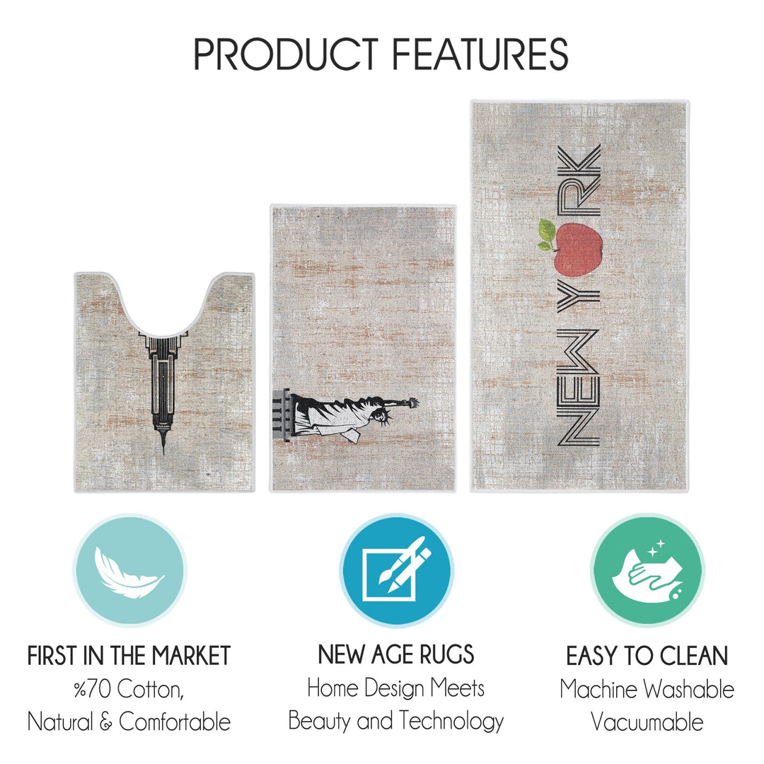 US States New York Design 3 Piece Bathroom Rugs Set | Multicolor