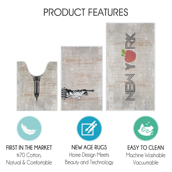 US States New York Design 3 Piece Bathroom Rugs Set | Multicolor