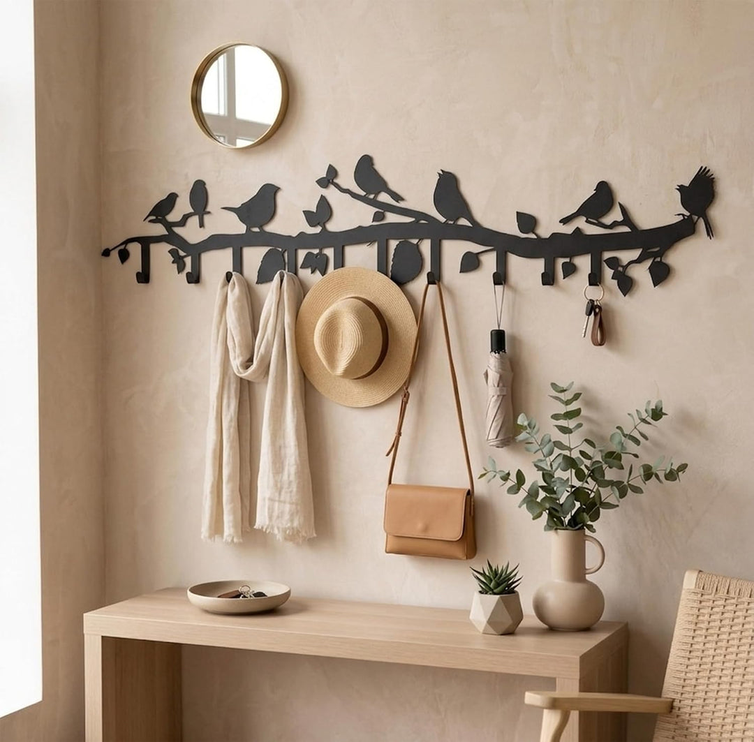 Porte-Manteau en Métal Branch on Birds, Porte-Manteau Mural