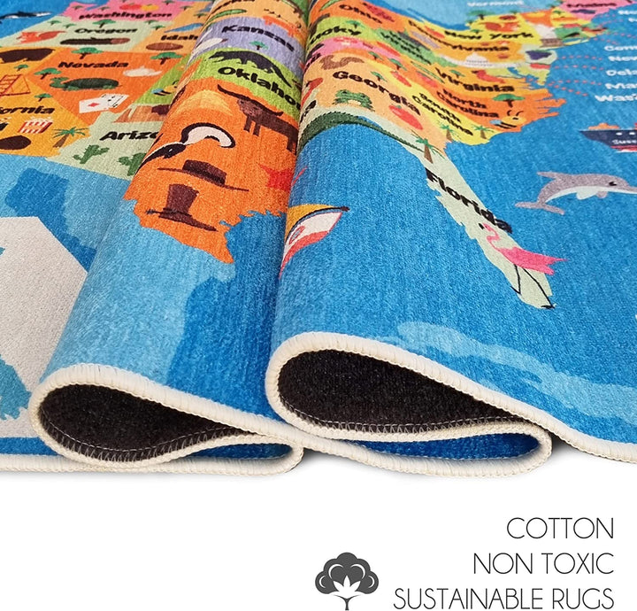 Sussex Home Low Pile Kids Rug for Playroom - Washable Cotton Educational Rug for Kids Room - 39.5 x 59 Inches - Usa Map Pattern