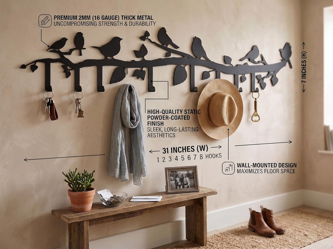 Porte-Manteau en Métal Branch on Birds, Porte-Manteau Mural