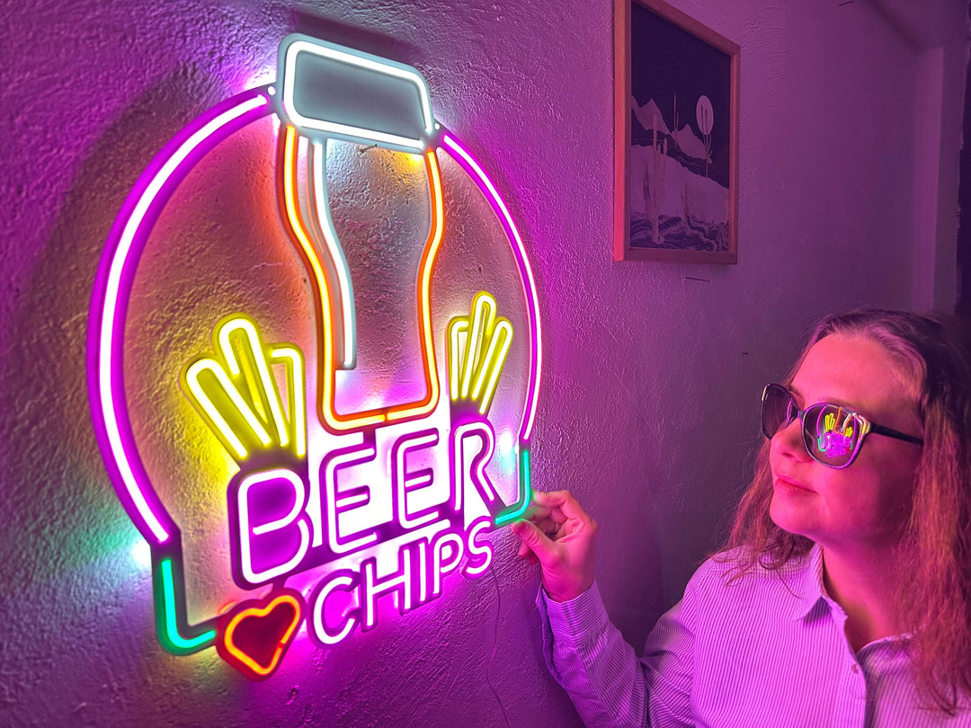 Beer and Chips Neon Metal Sign - Neon Signs available at Dekadron for $109.00