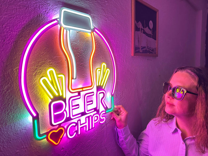 Beer and Chips Neon Metal Sign - Neon Signs available at Dekadron for $109.00