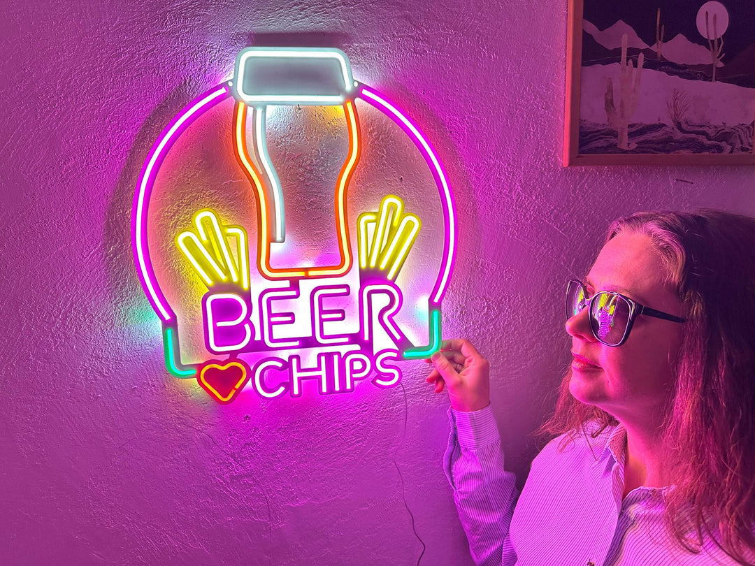 Beer and Chips Neon Metal Sign - Neon Signs available at Dekadron for $109.00