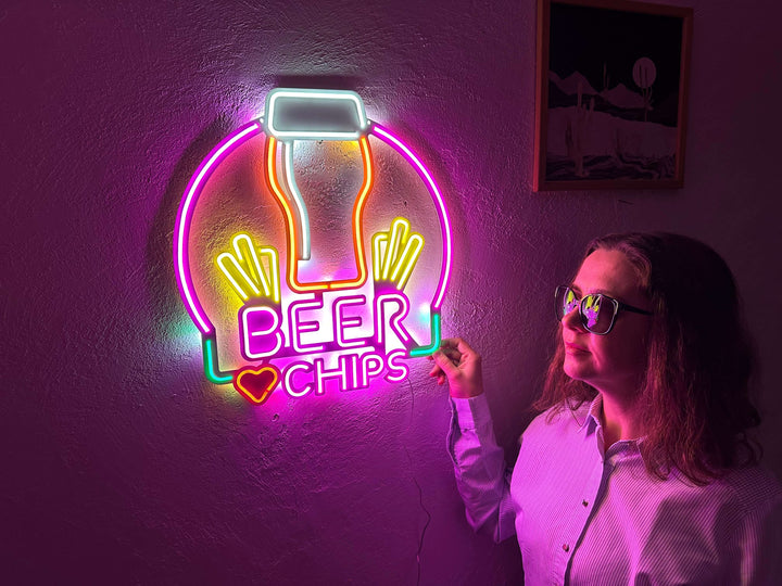 Beer and Chips Neon Metal Sign - Neon Signs available at Dekadron for $109.00