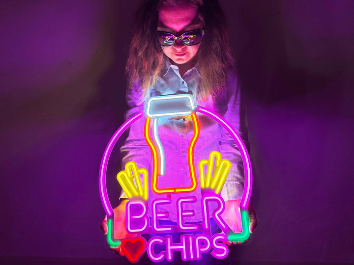 Beer and Chips Neon Metal Sign - Neon Signs available at Dekadron for $109.00