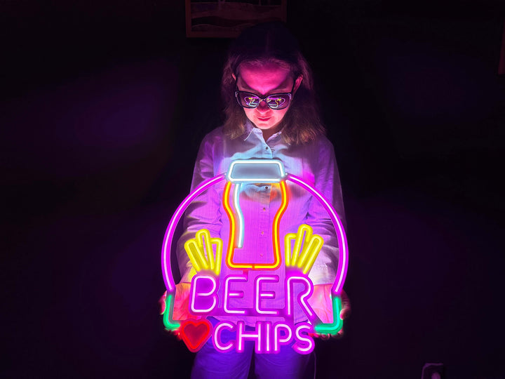 Beer and Chips Neon Metal Sign - Neon Signs available at Dekadron for $109.00