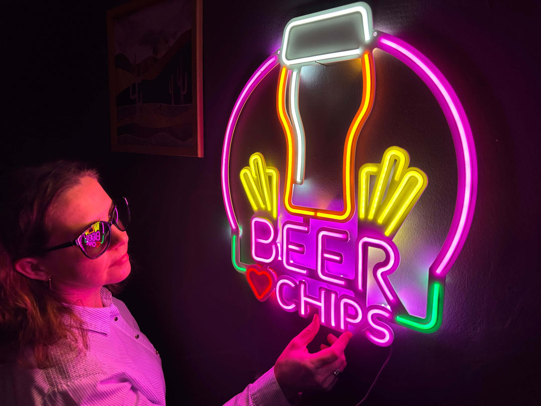 Beer and Chips Neon Metal Sign - Neon Signs available at Dekadron for $109.00