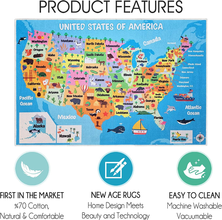 Sussex Home Low Pile Kids Rug for Playroom - Washable Cotton Educational Rug for Kids Room - 39.5 x 59 Inches - Usa Map Pattern