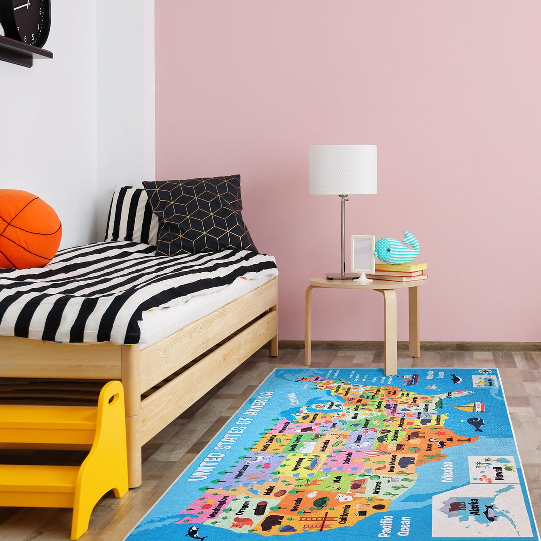 Sussex Home Low Pile Kids Rug for Playroom - Washable Cotton Educational Rug for Kids Room - 39.5 x 59 Inches - Usa Map Pattern