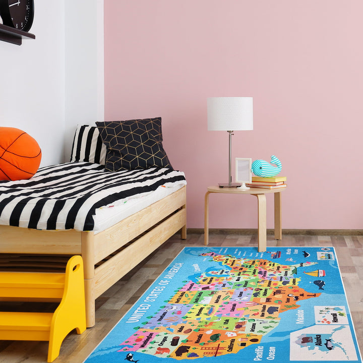 Sussex Home Low Pile Kids Rug for Playroom - Washable Cotton Educational Rug for Kids Room - 39.5 x 59 Inches - Usa Map Pattern