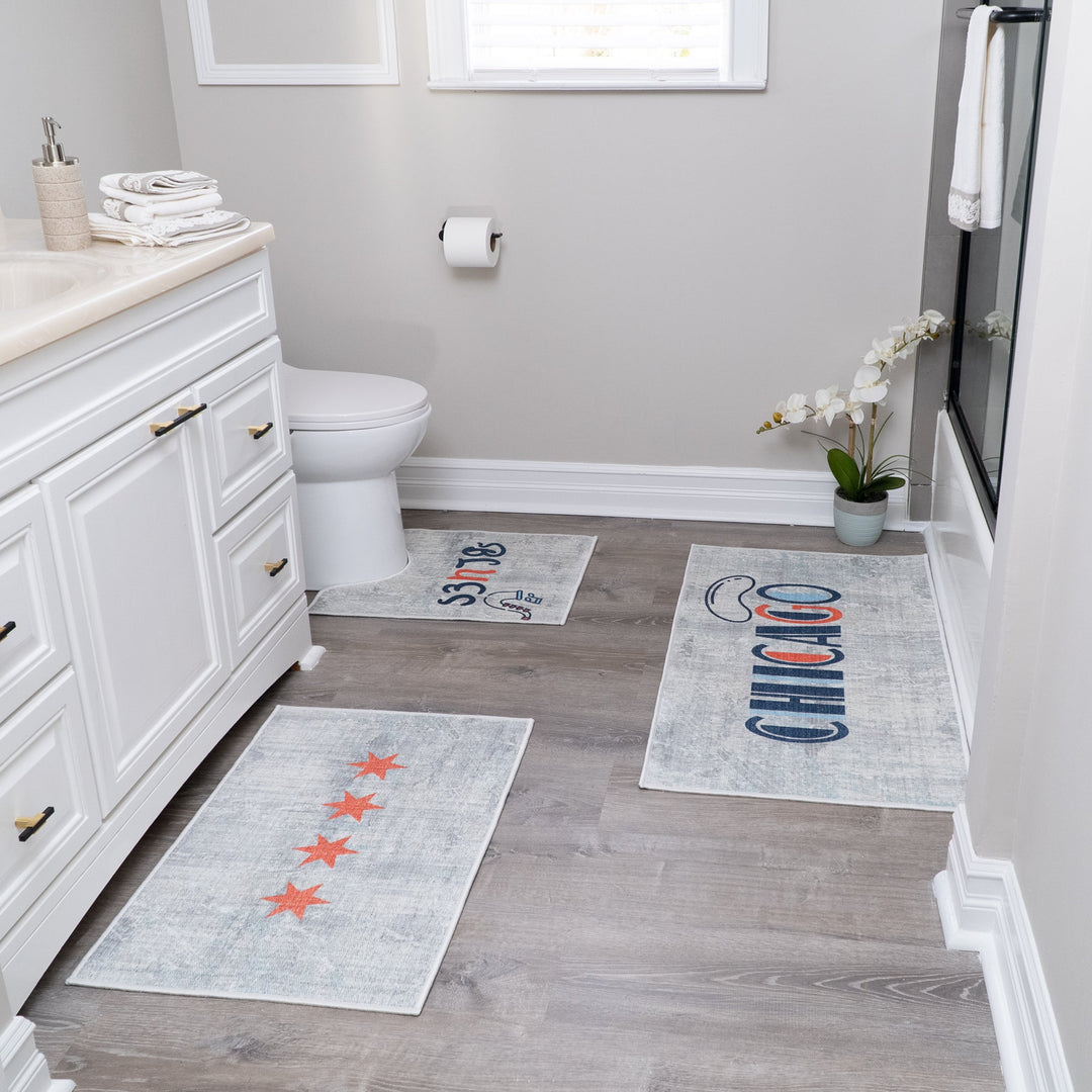US States Chicago Design 3 Piece Bathroom Rugs Set |Ivory