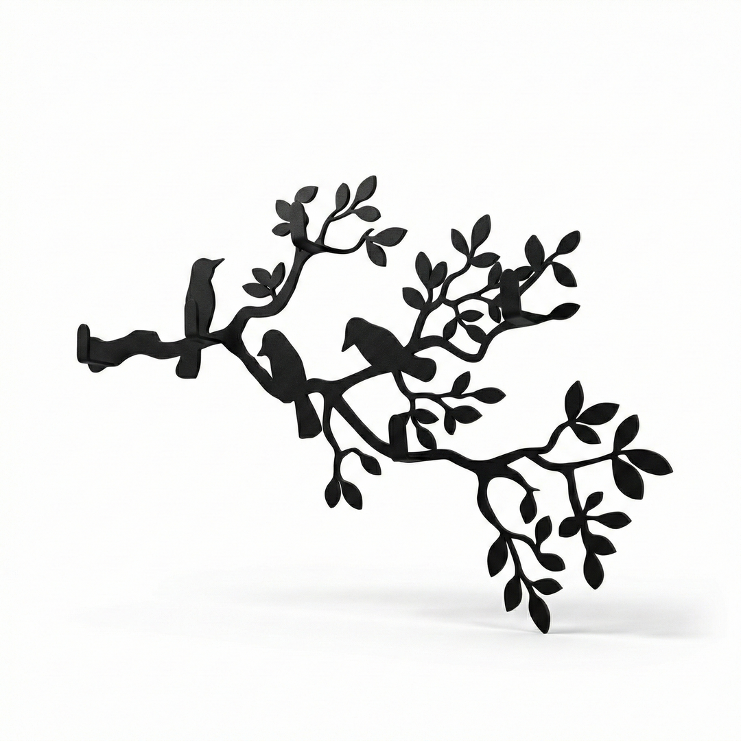 Porta abiti in metallo con rami e uccelli, appendiabiti a parete