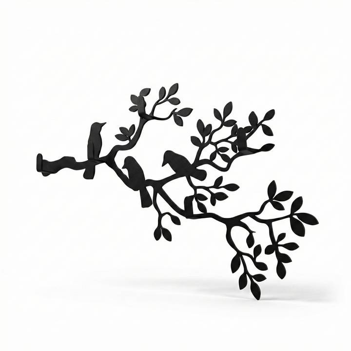 Porta abiti in metallo con rami e uccelli, appendiabiti a parete