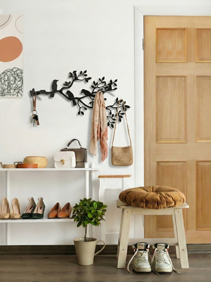 Porta abiti in metallo con rami e uccelli, appendiabiti a parete