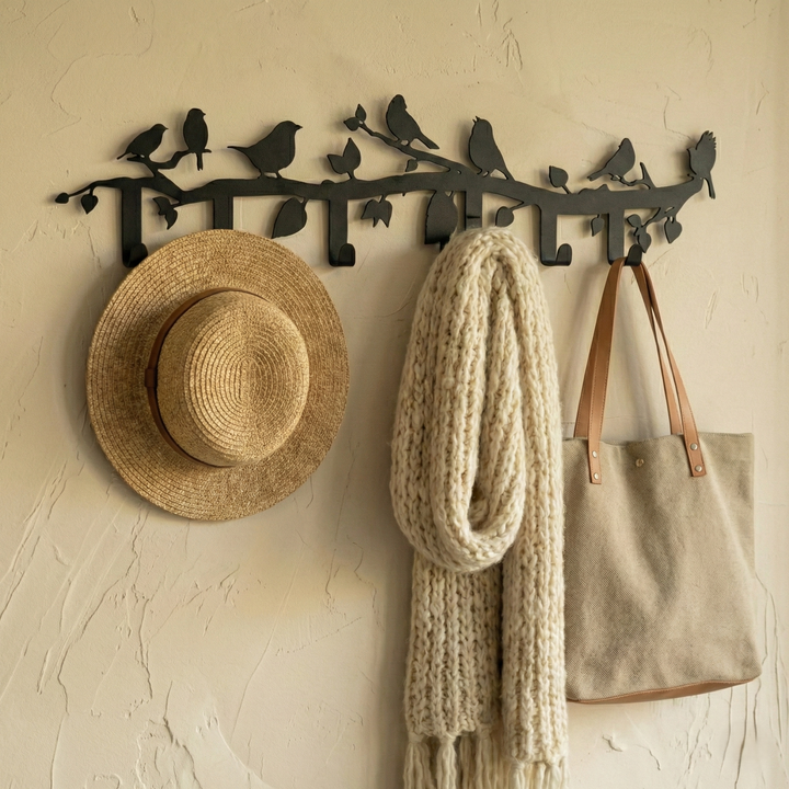 Appendino da parete in metallo con ramo di uccelli