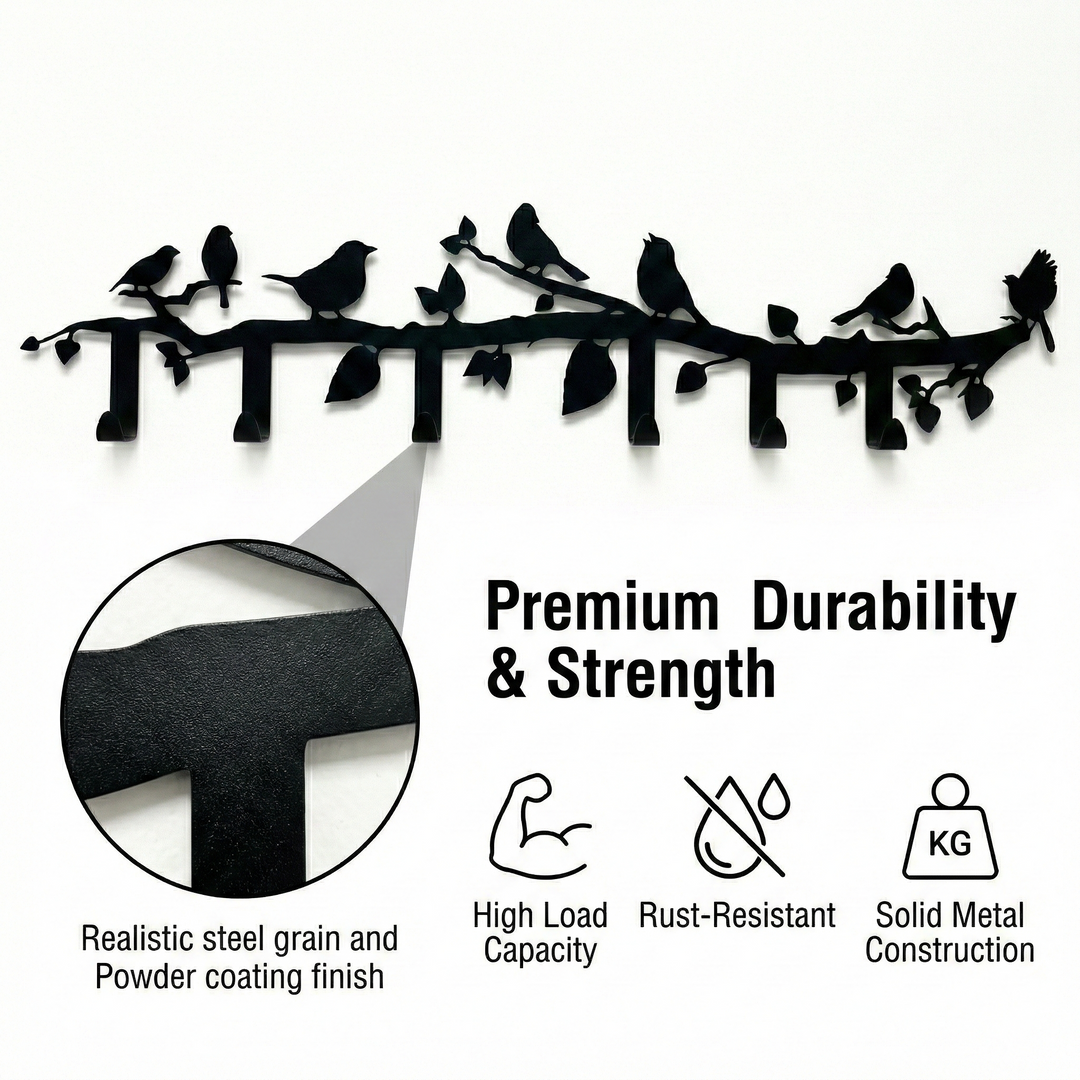 Appendino da parete in metallo con ramo di uccelli