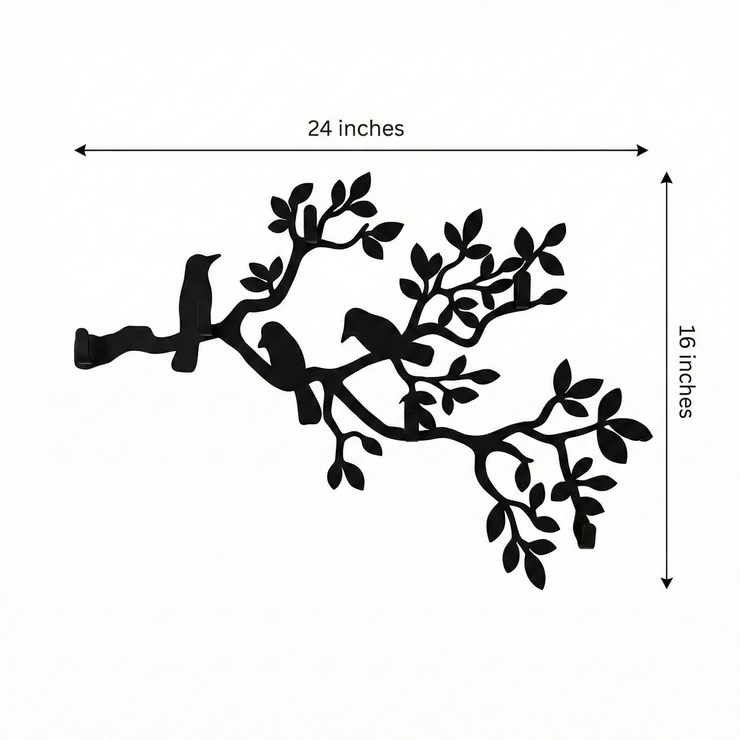 Porta abiti in metallo con rami e uccelli, appendiabiti a parete