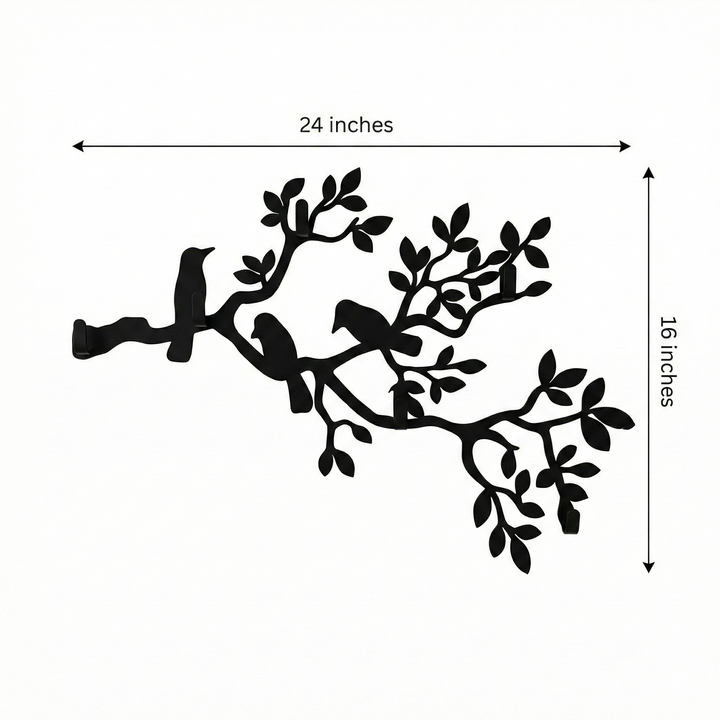 Porta abiti in metallo con rami e uccelli, appendiabiti a parete