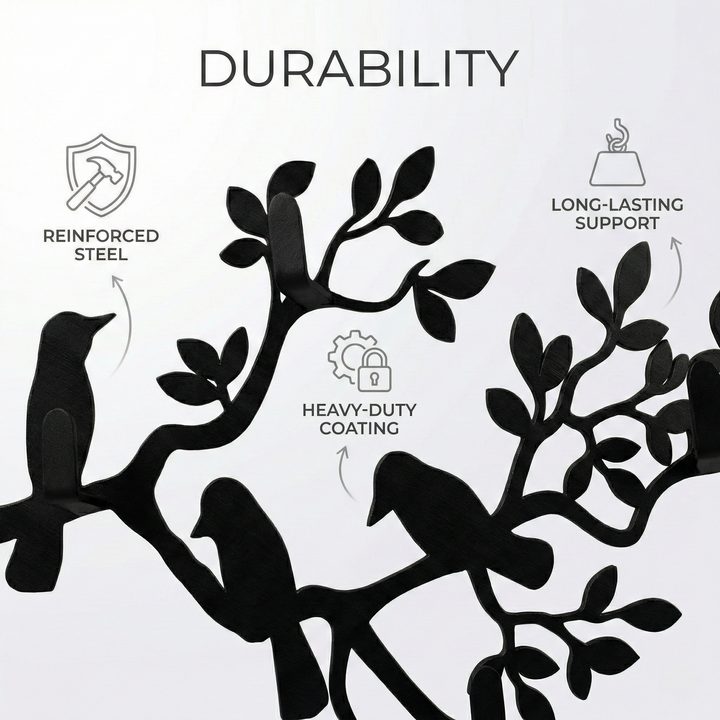 Porta abiti in metallo con rami e uccelli, appendiabiti a parete