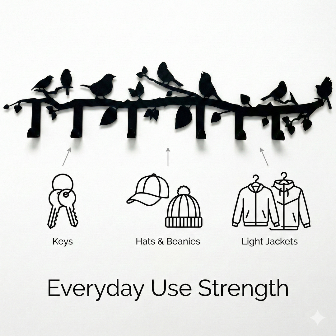 Appendino da parete in metallo con ramo di uccelli