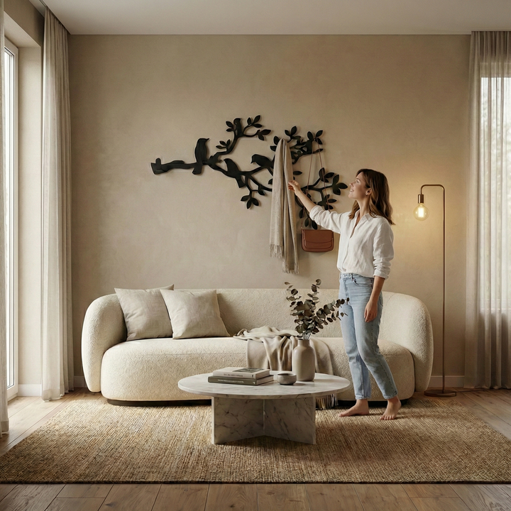 Porta abiti in metallo con rami e uccelli, appendiabiti a parete