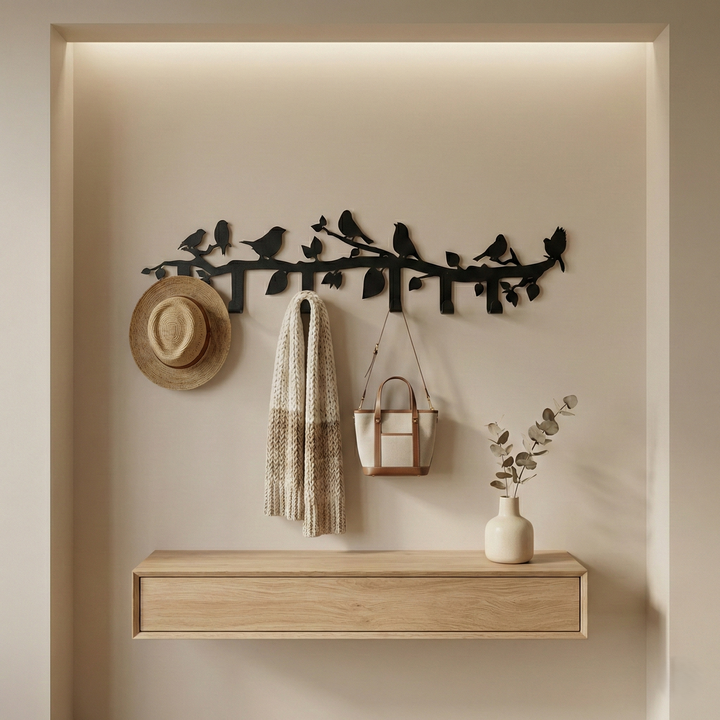 Appendino da parete in metallo con ramo di uccelli