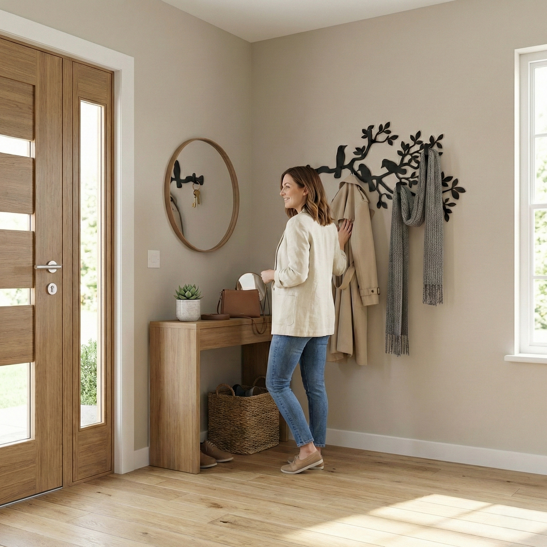 Porta abiti in metallo con rami e uccelli, appendiabiti a parete