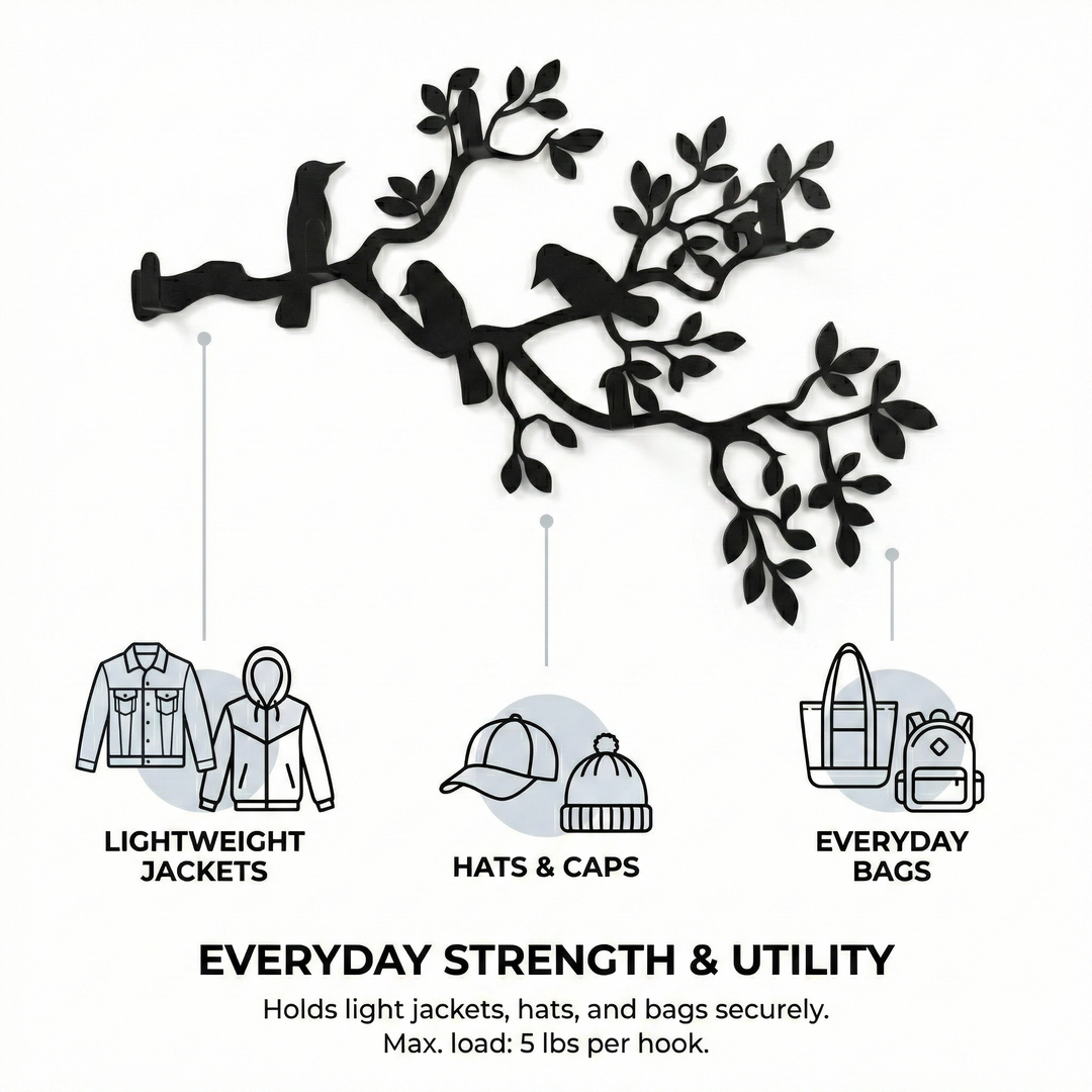 Porta abiti in metallo con rami e uccelli, appendiabiti a parete