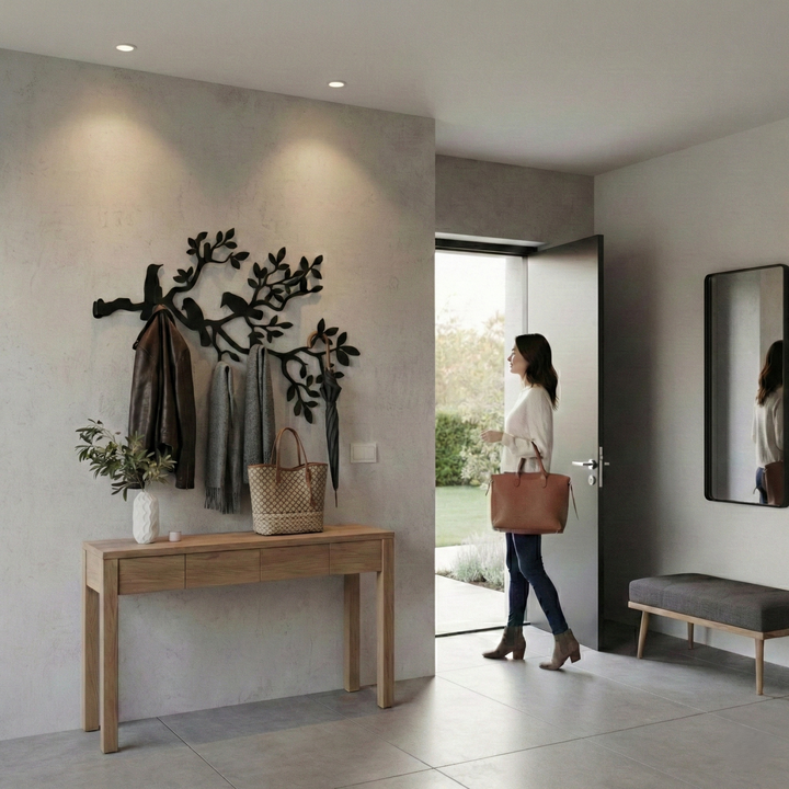 Porta abiti in metallo con rami e uccelli, appendiabiti a parete