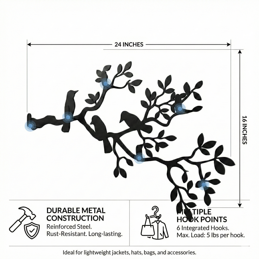 Porta abiti in metallo con rami e uccelli, appendiabiti a parete