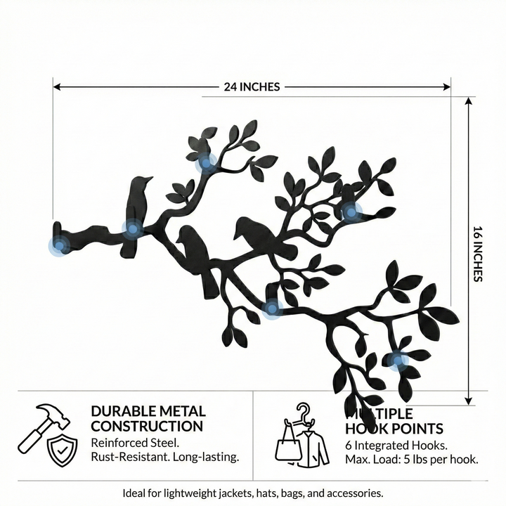 Porta abiti in metallo con rami e uccelli, appendiabiti a parete