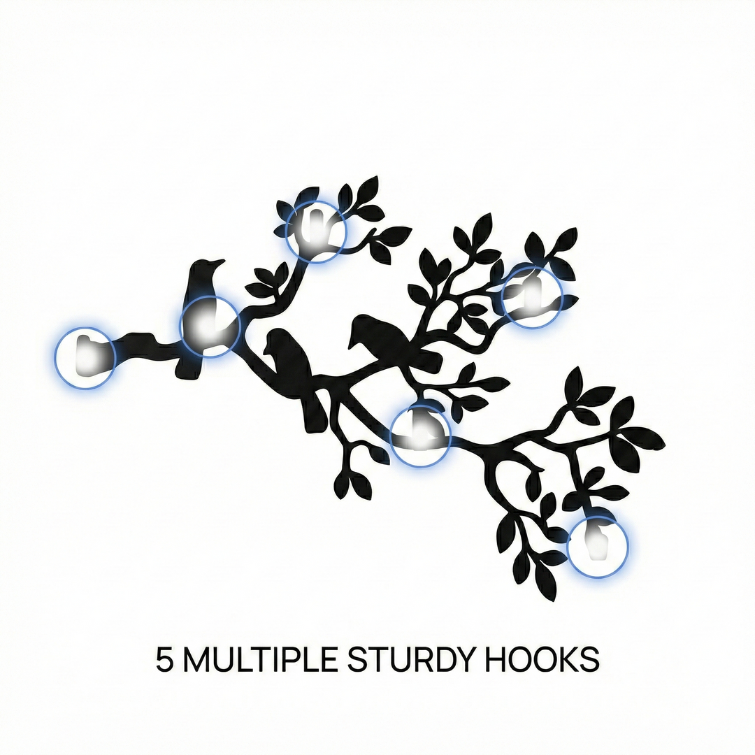 Porta abiti in metallo con rami e uccelli, appendiabiti a parete