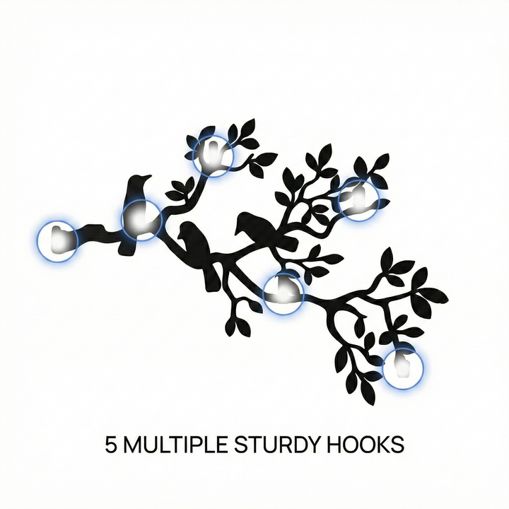 Porta abiti in metallo con rami e uccelli, appendiabiti a parete