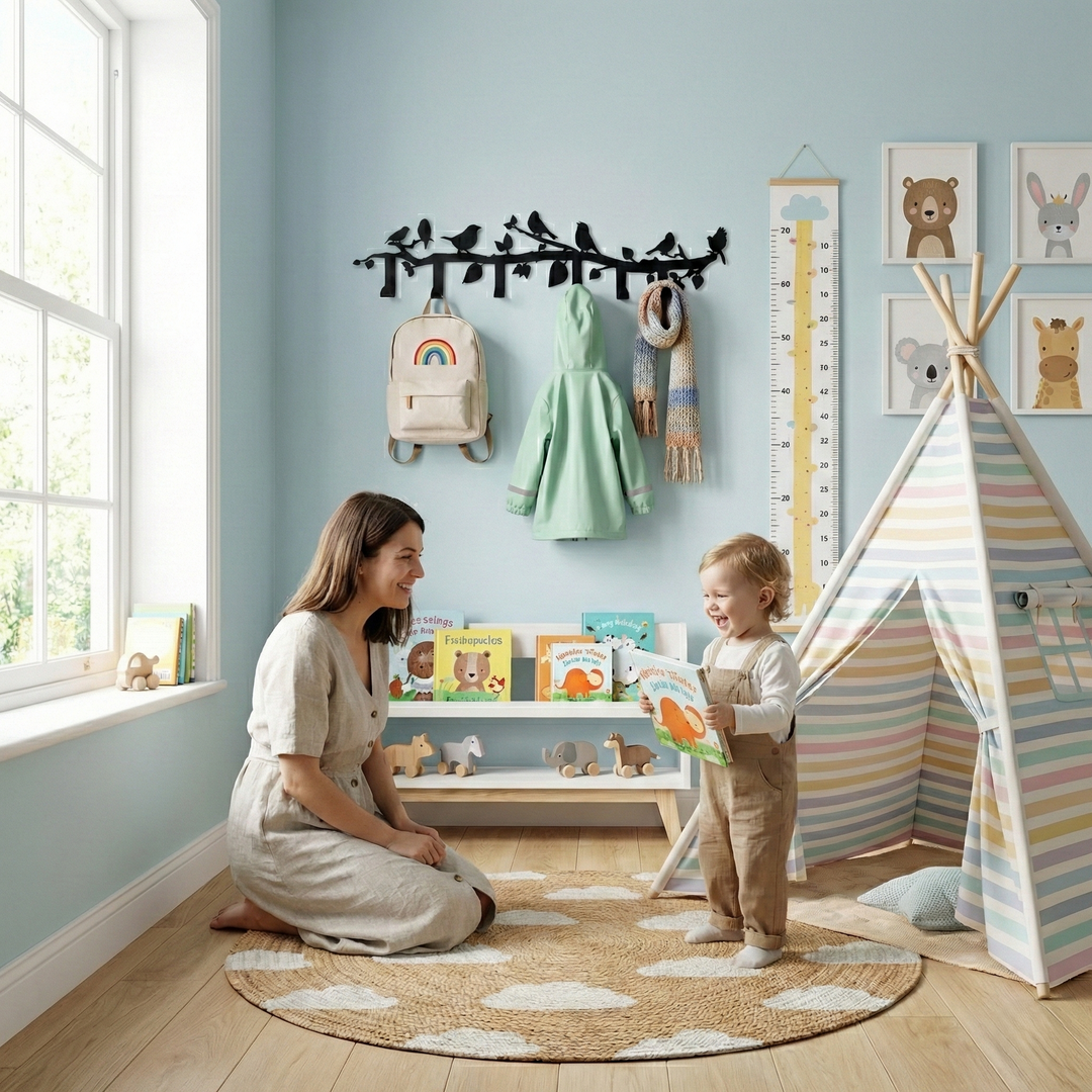 Appendino da parete in metallo con ramo di uccelli