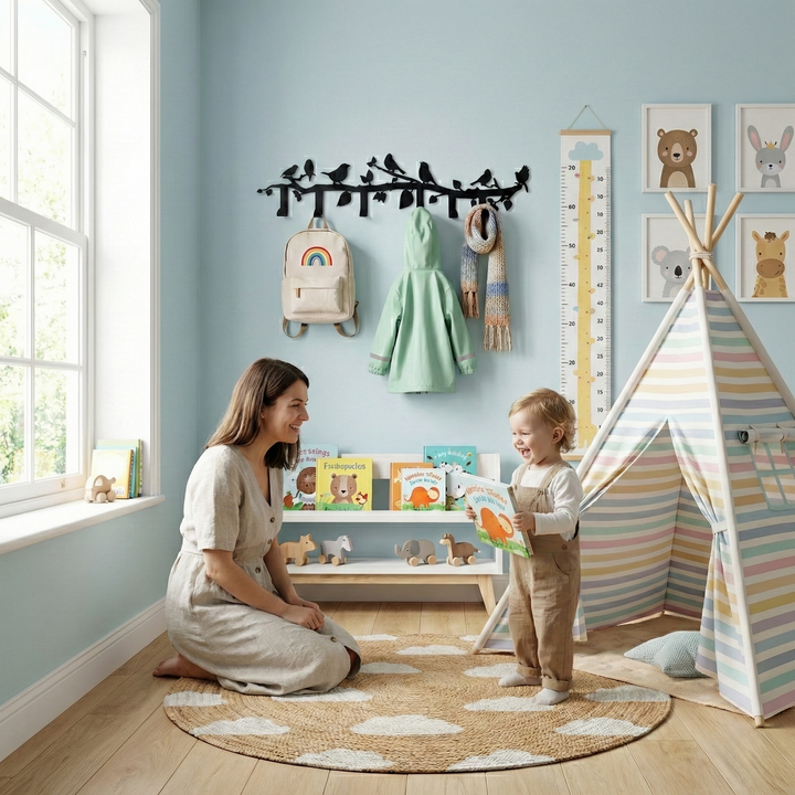 Appendino da parete in metallo con ramo di uccelli