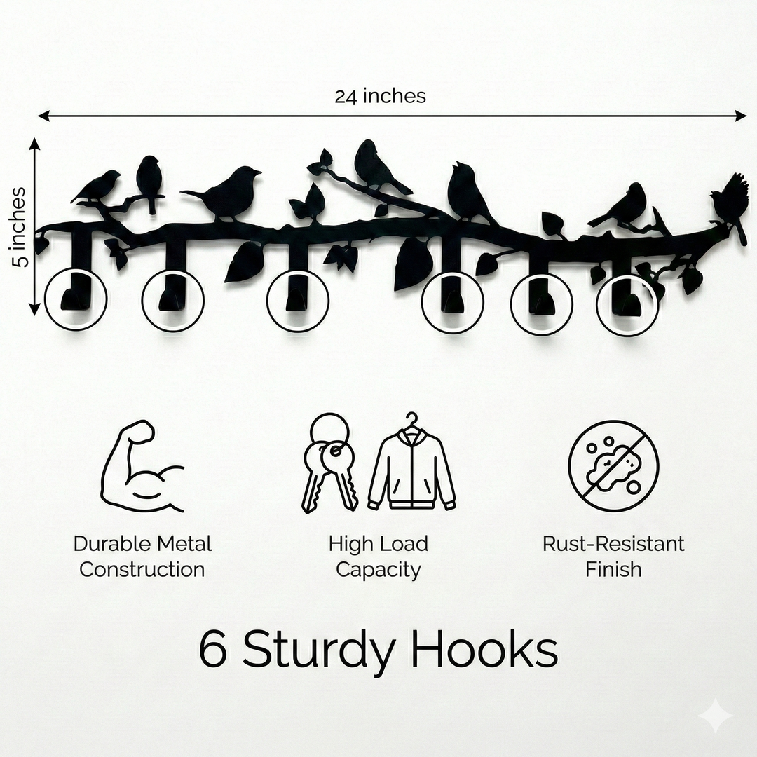Appendino da parete in metallo con ramo di uccelli