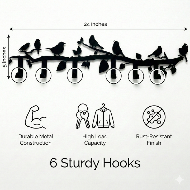 Appendino da parete in metallo con ramo di uccelli